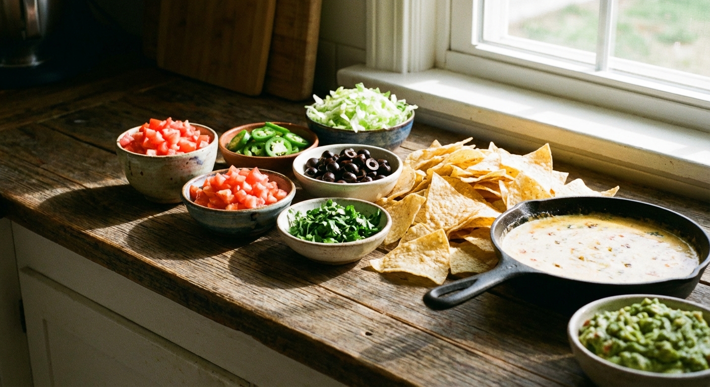 Small bowls of nacho toppings including diced tomatoes, sliced jalapeños, shredded lettuce, olives, and cilantro arranged next to tortilla chips on a countertop