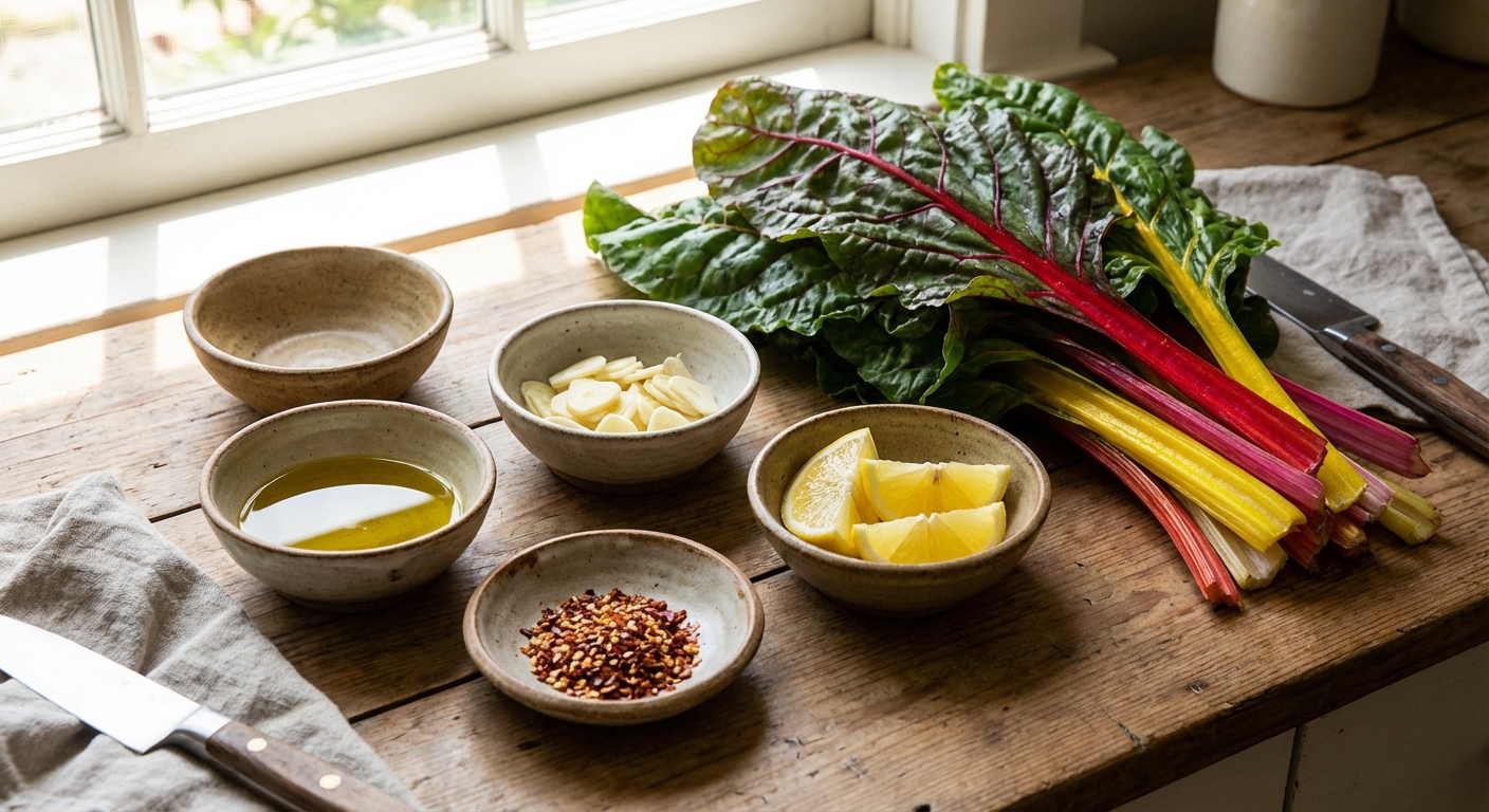 Small bowls of olive oil, sliced garlic, red pepper flakes, and lemon next to a bunch of Swiss chard