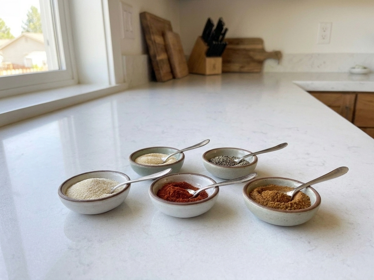Small bowls of onion powder, garlic powder, smoked paprika, black pepper, and warm spices measured out on a kitchen counter
