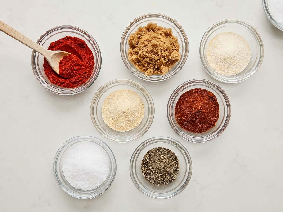 Small bowls of paprika, brown sugar, garlic powder, onion powder, chili powder, salt, and black pepper arranged on a light kitchen counter