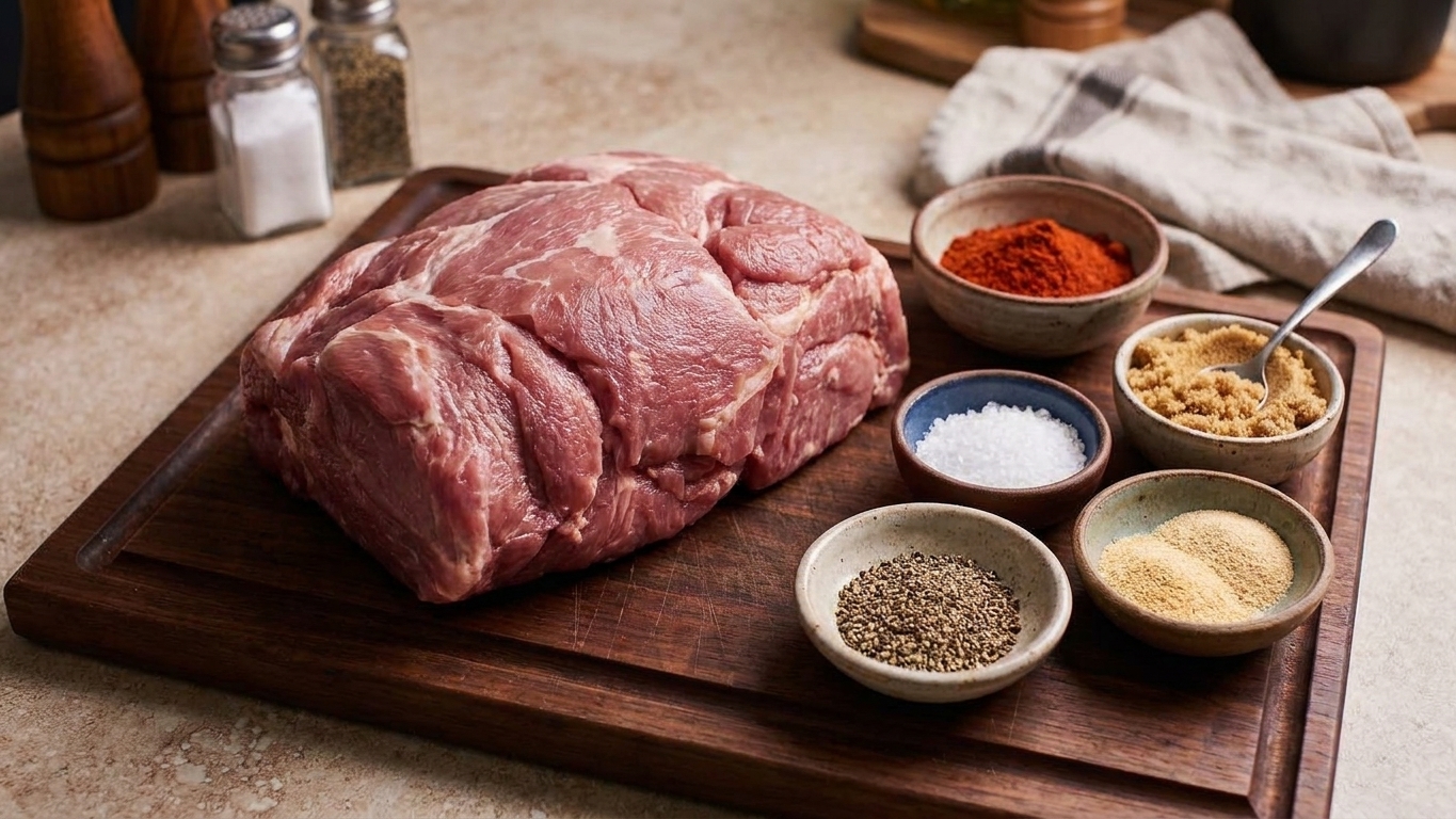 Small bowls of paprika, brown sugar, kosher salt, black pepper, garlic powder, and onion powder arranged on a kitchen counter next to a raw pork shoulder