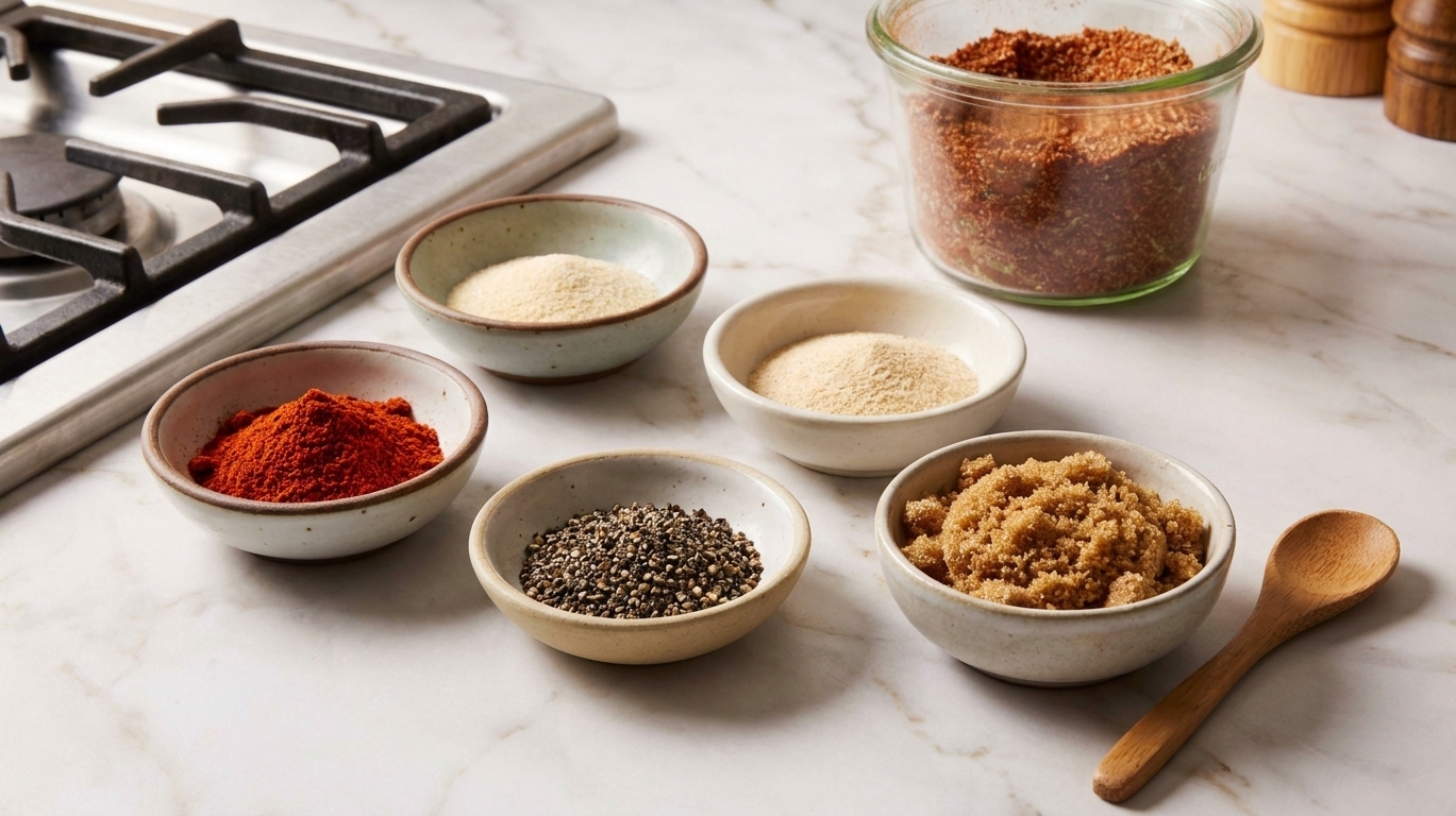 Small bowls of paprika, garlic powder, onion powder, black pepper, and brown sugar arranged on a kitchen counter before mixing