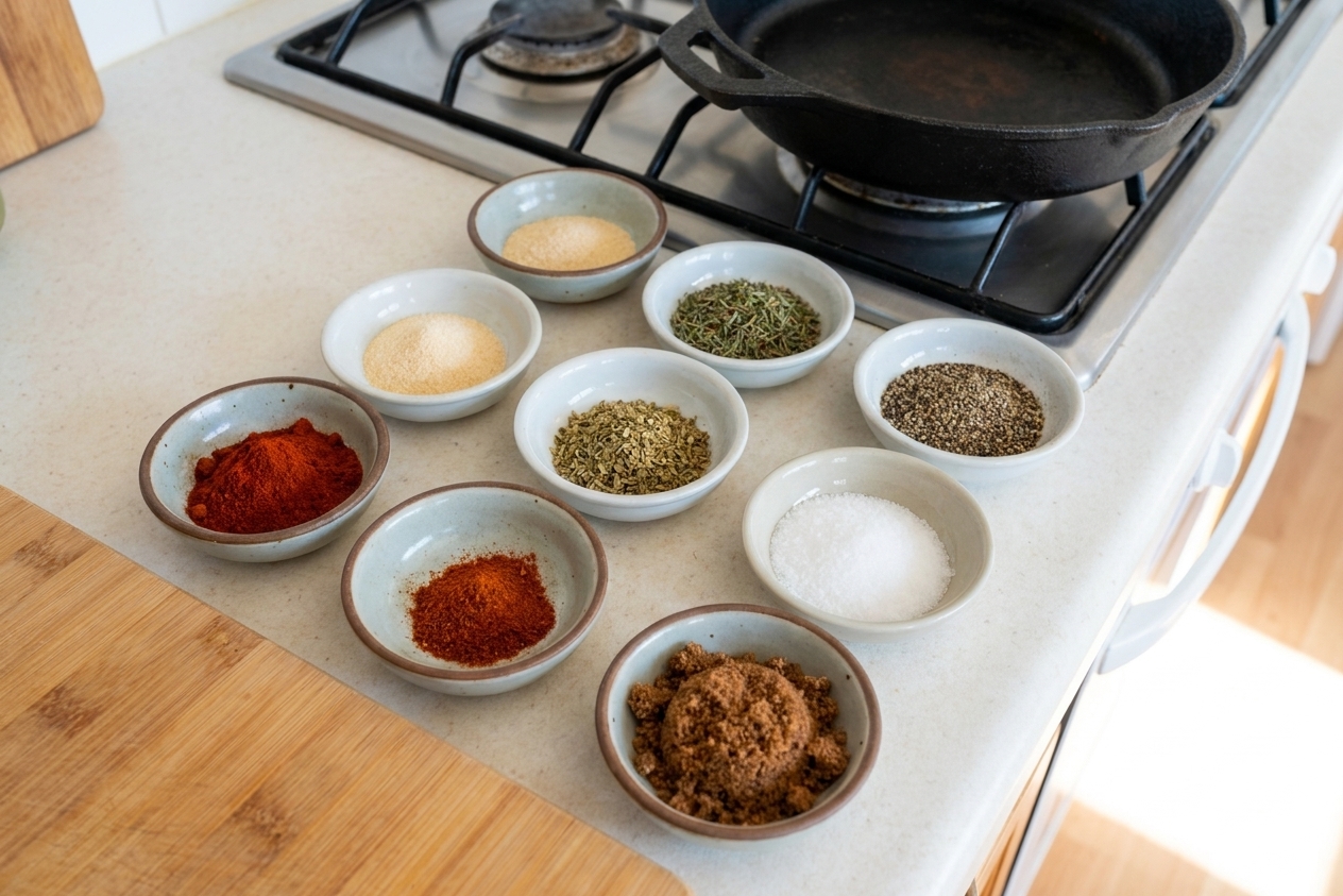 Small bowls of paprika, garlic powder, onion powder, thyme, oregano, black pepper, cayenne, salt, and brown sugar arranged on a kitchen counter