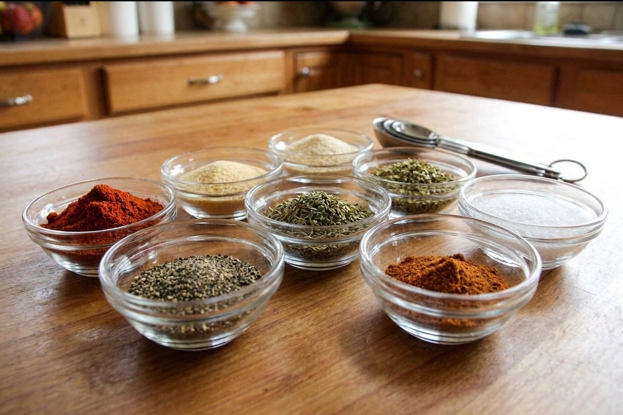 Small bowls of paprika, garlic powder, onion powder, dried oregano, dried thyme, black pepper, cayenne, and salt arranged on a kitchen counter