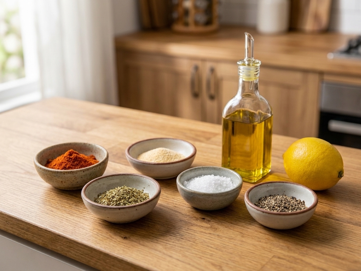 Small bowls of paprika, garlic powder, oregano, salt, and pepper arranged beside olive oil and a lemon on a clean kitchen counter