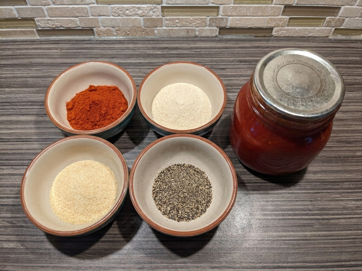 Small bowls of paprika, onion powder, garlic powder, and pepper measured on a kitchen counter next to tomato paste