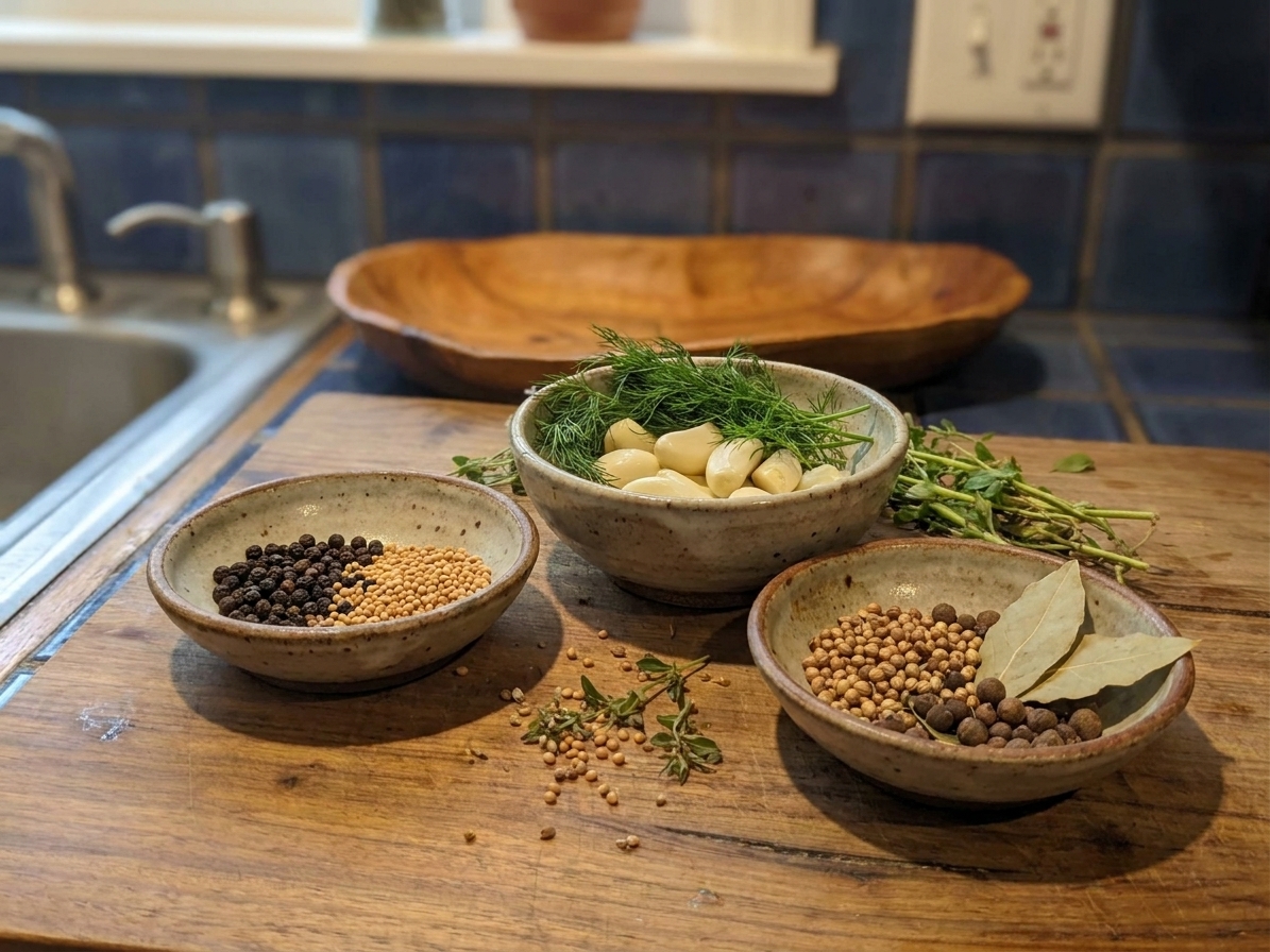 Small bowls of pickling spices with garlic cloves, dill sprigs, peppercorns, and mustard seeds arranged on a kitchen counter