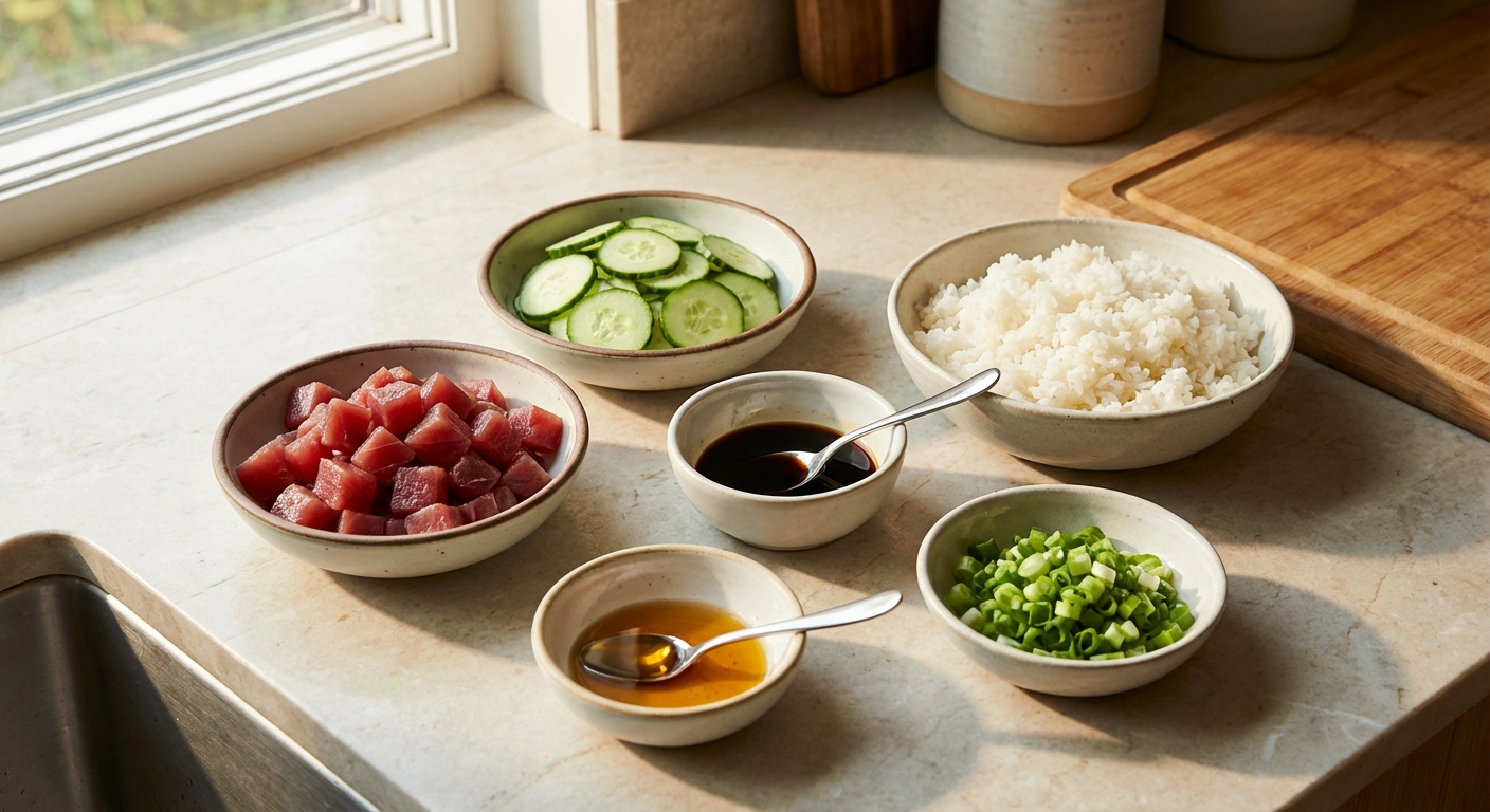 Small bowls of poke bowl ingredients on a kitchen counter, including diced tuna, sliced cucumber, cooked rice, soy sauce, sesame oil, and green onions in natural light