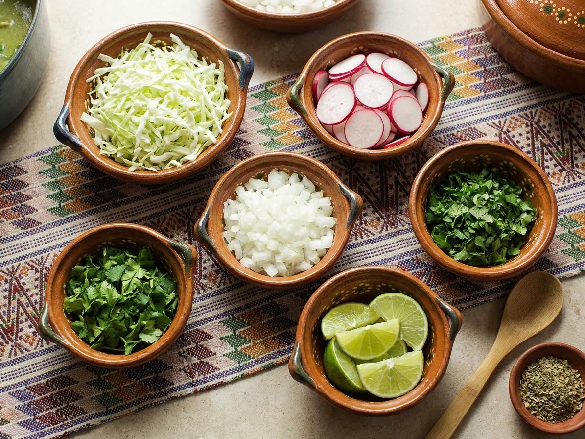 Small bowls of pozole toppings including shredded cabbage, sliced radishes, chopped onion, cilantro, and lime wedges on a kitchen counter