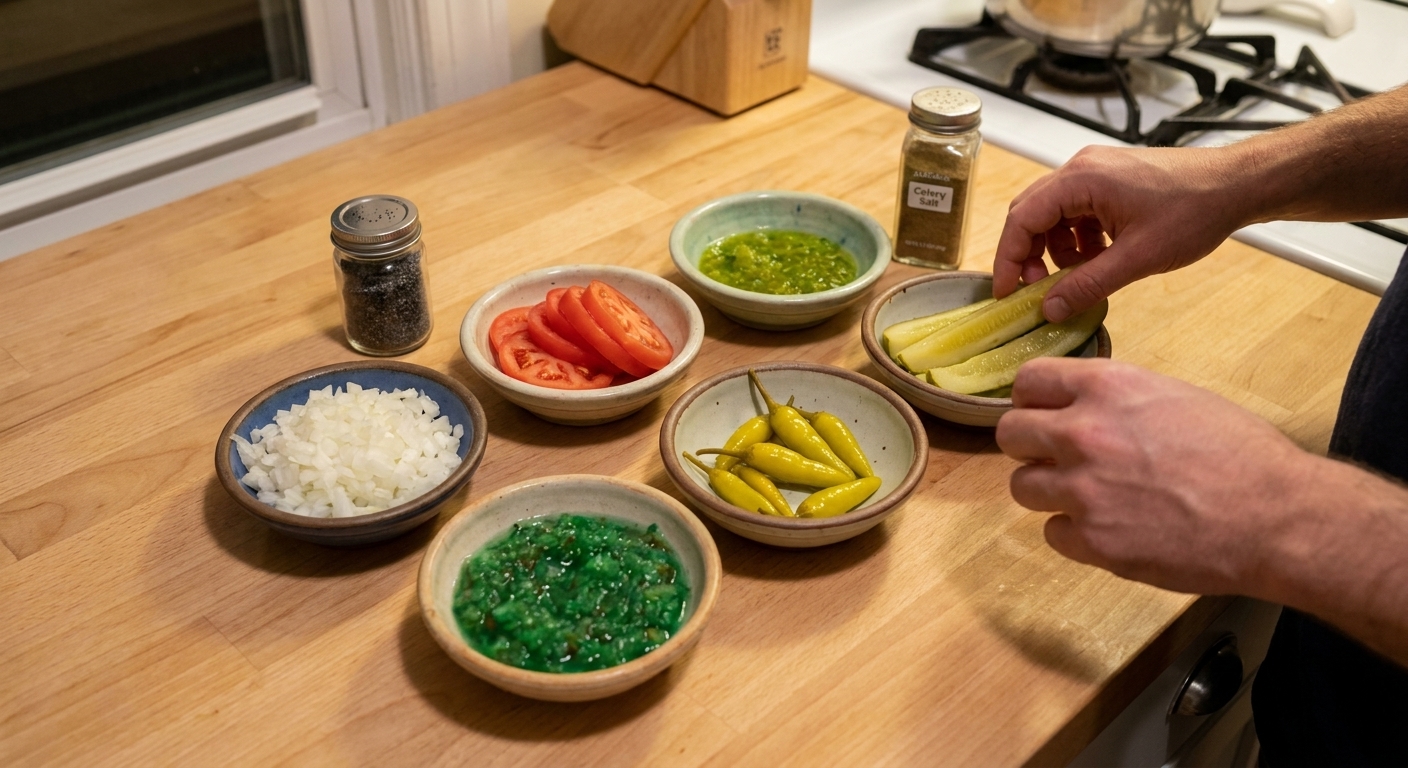 Small bowls of prepped Chicago dog toppings like chopped onion, tomato wedges, relish, sport peppers, and pickle spears arranged on a kitchen counter