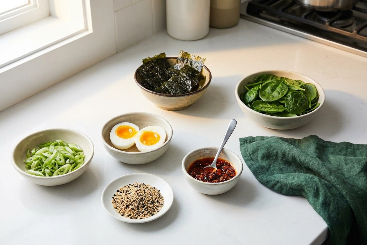 Small bowls of ramen toppings on a kitchen counter, including sliced scallions, soft-boiled egg halves, sesame seeds, chili crisp, torn nori, and spinach in consistent warm lighting