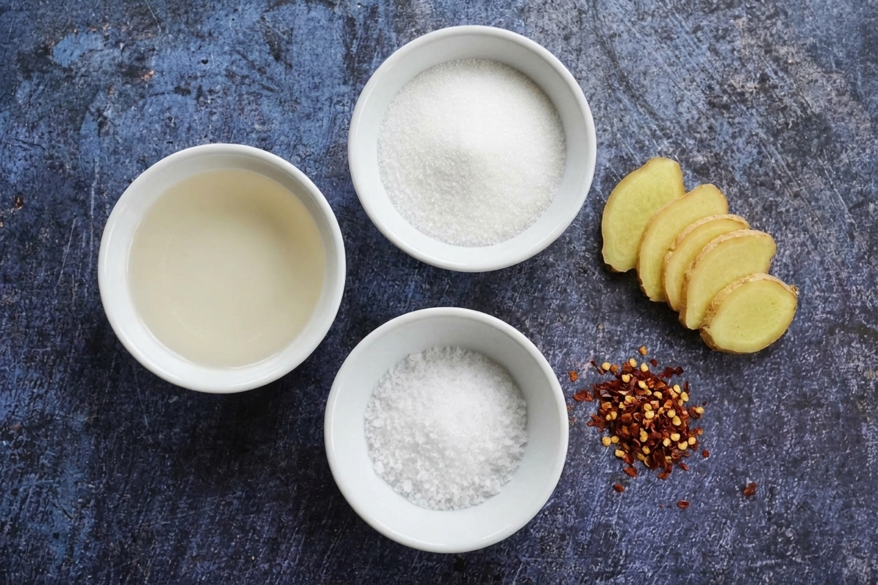 Small bowls of rice vinegar, sugar, and kosher salt arranged on a kitchen counter next to sliced ginger and red pepper flakes