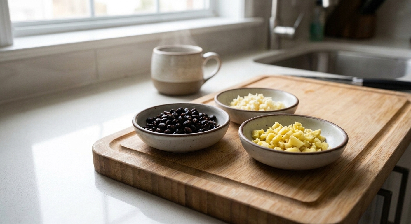 Small bowls of rinsed fermented black beans, minced garlic, and chopped ginger arranged on a wooden cutting board under warm kitchen lighting
