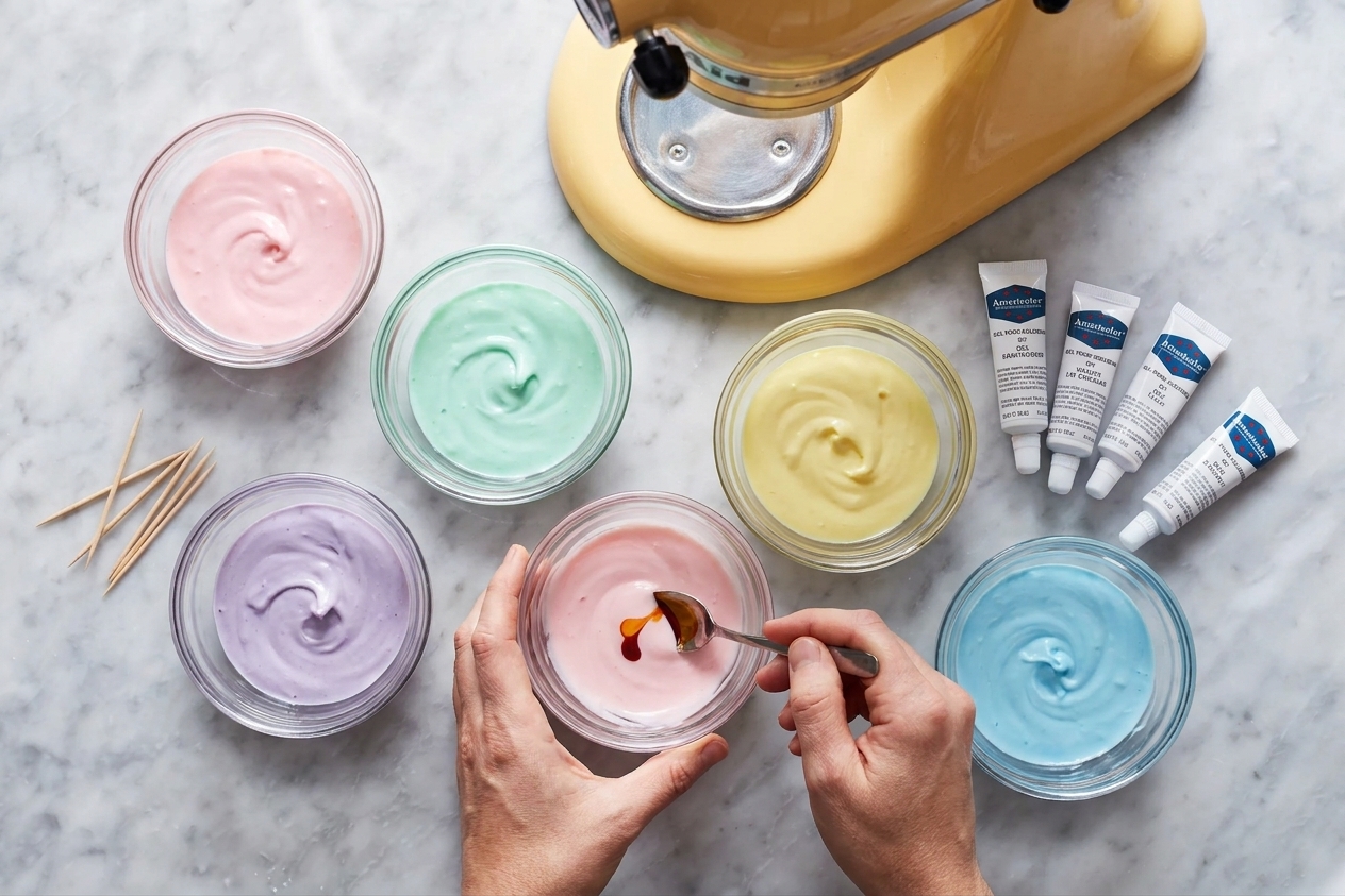 Small bowls of royal icing tinted in pastel colors with gel food coloring nearby on a kitchen counter