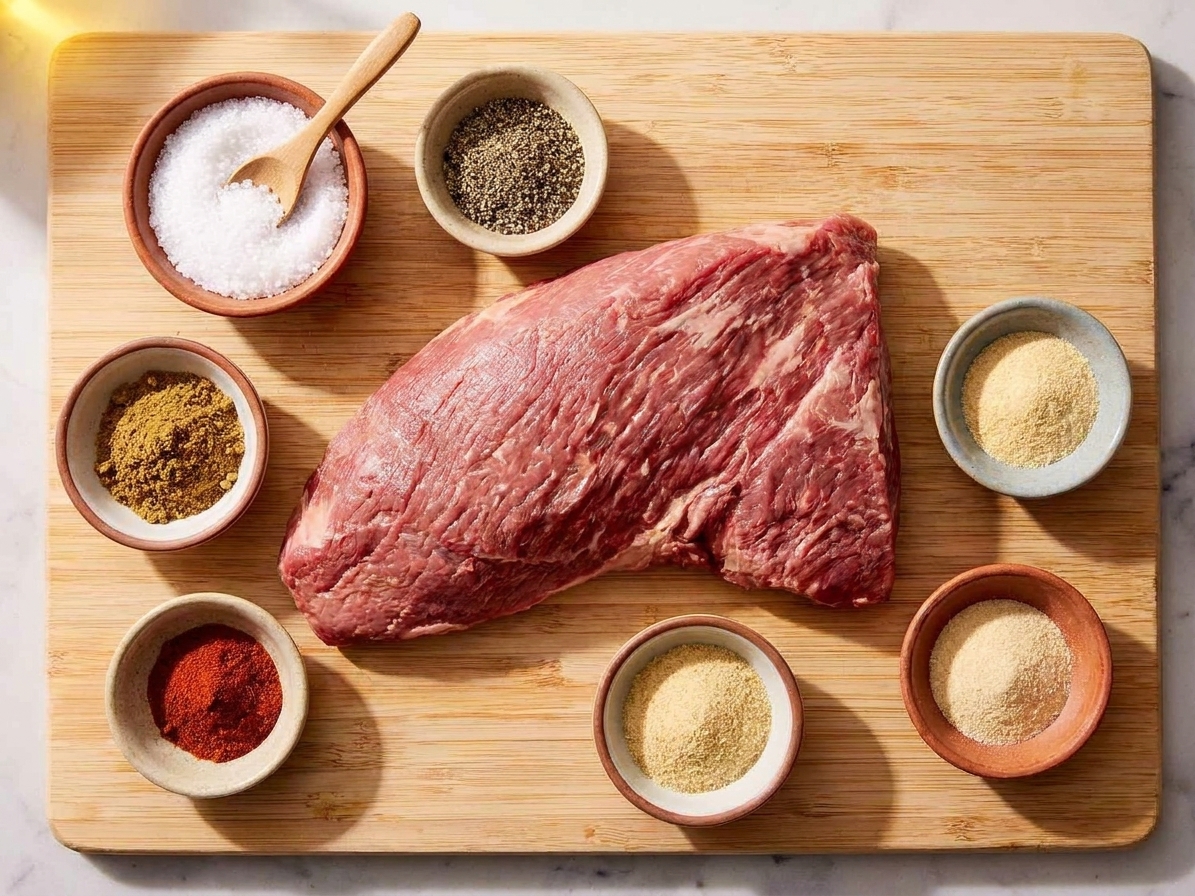 Small bowls of salt, black pepper, garlic powder, onion powder, smoked paprika, and cumin arranged next to a tri-tip roast on a kitchen counter