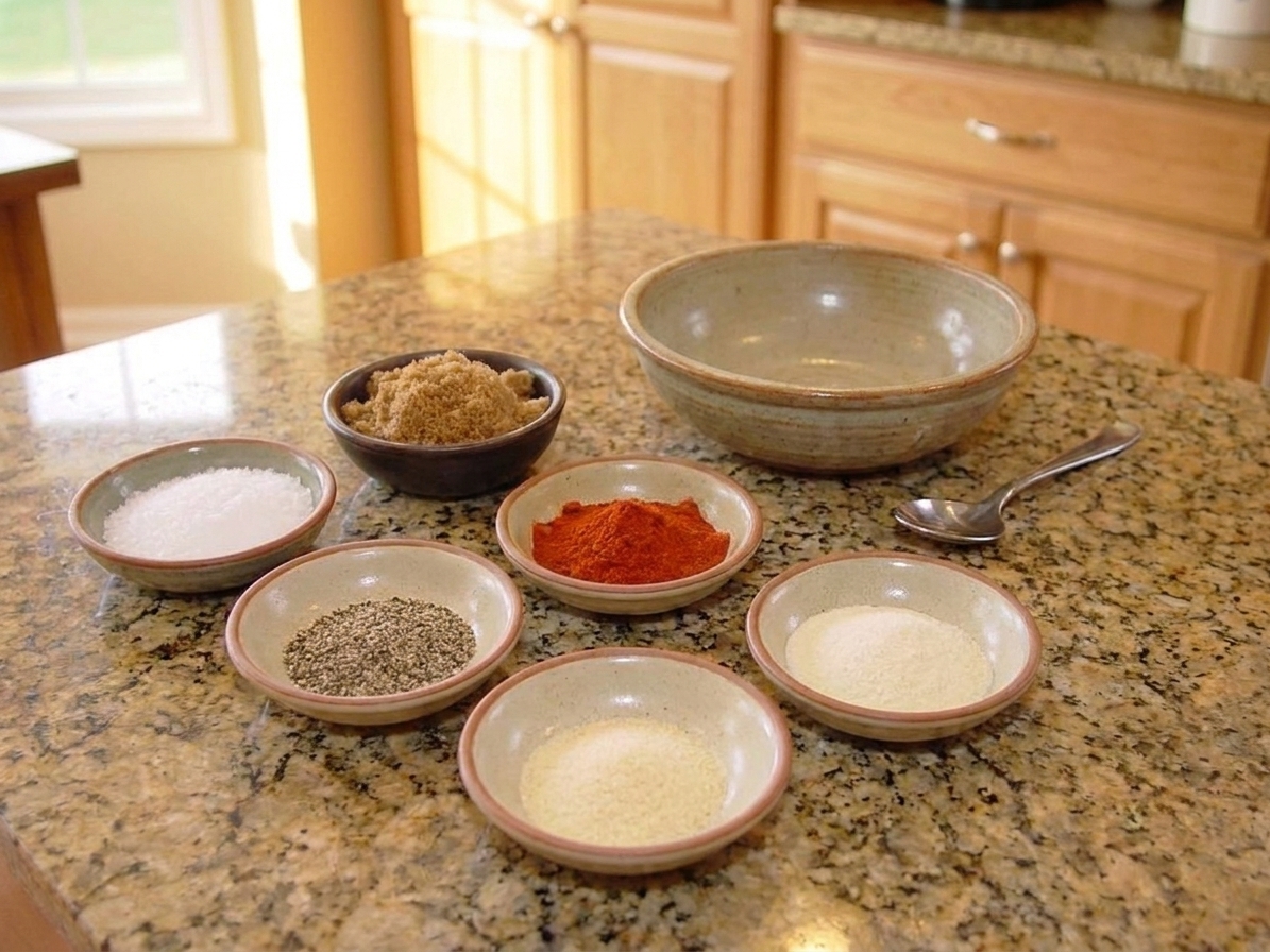 Small bowls of salt, brown sugar, smoked paprika, black pepper, garlic powder, and onion powder arranged on a kitchen counter ready to mix into a dry rub