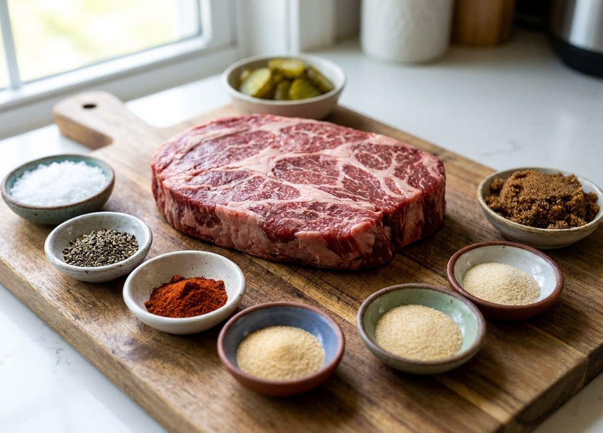 Small bowls of salt, coarse black pepper, smoked paprika, garlic powder, onion powder, and brown sugar arranged on a kitchen counter next to a raw chuck roast