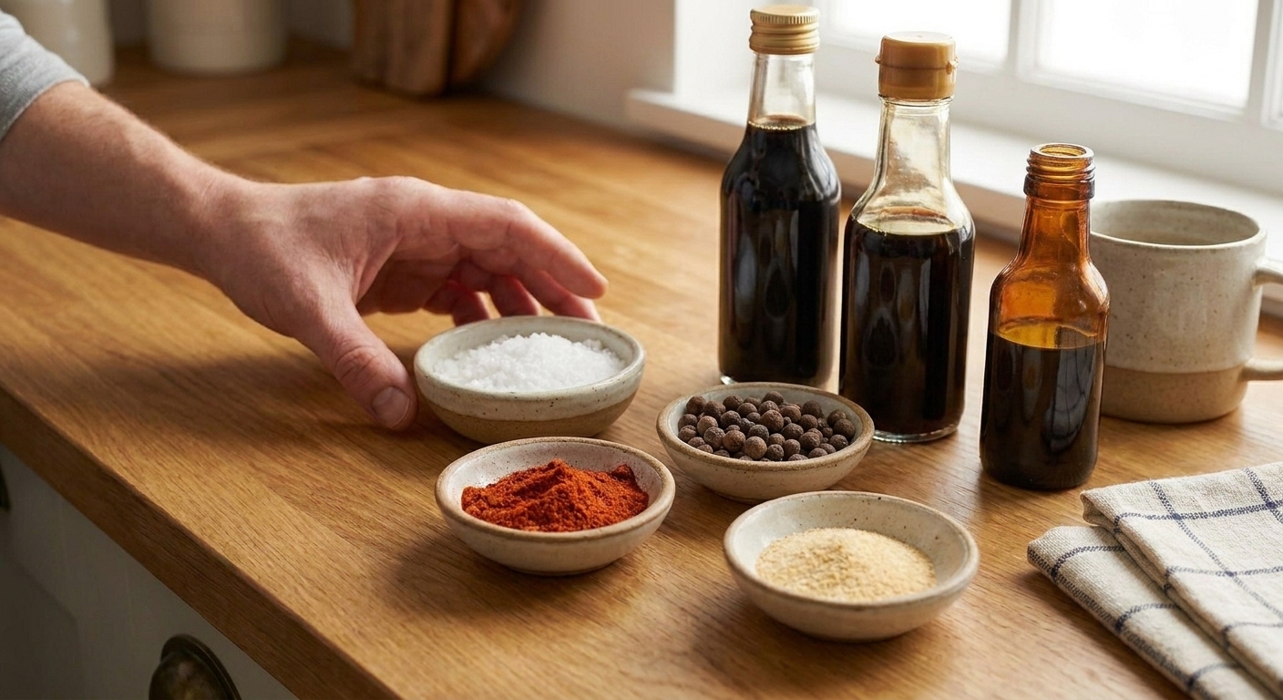 Small bowls of salt, pepper, allspice, paprika, and garlic powder next to soy sauce and browning sauce on a kitchen counter