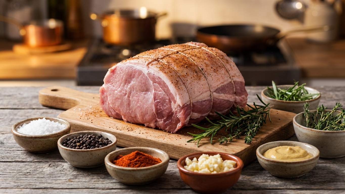 Small bowls of salt, pepper, smoked paprika, garlic, rosemary, thyme, and Dijon mustard arranged next to a pork shoulder roast on a clean kitchen counter