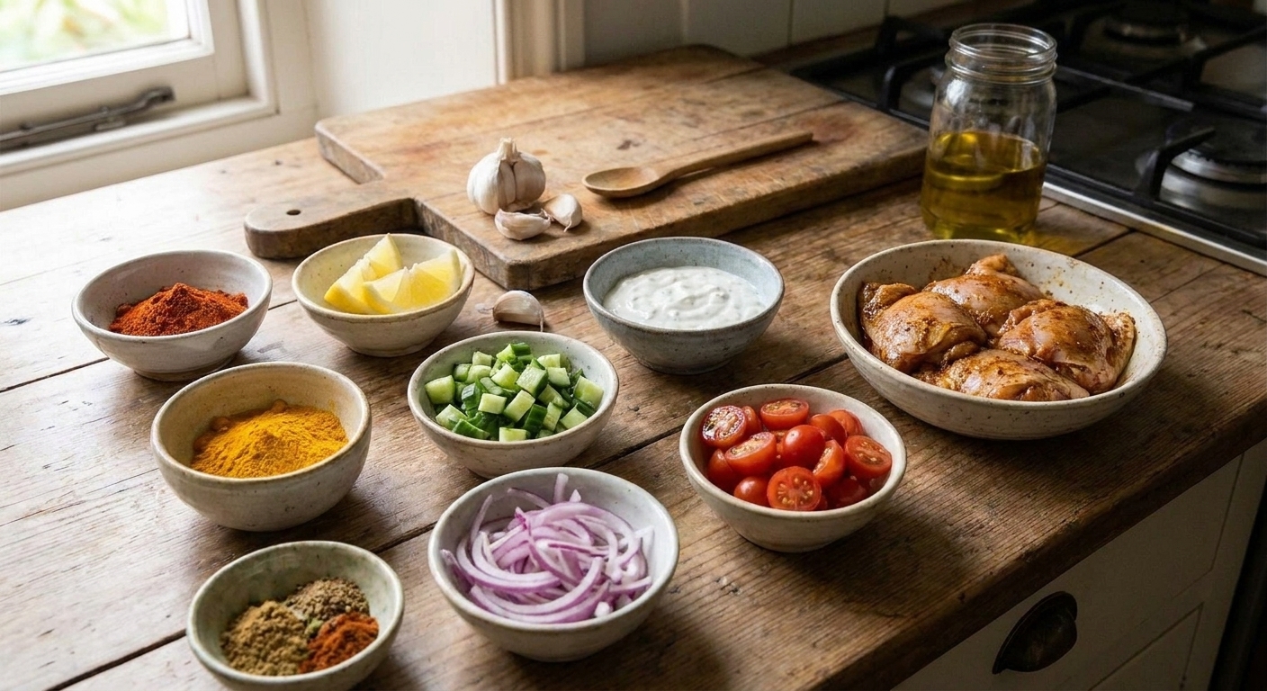 Small bowls of shawarma spices, lemon, garlic, yogurt, cucumbers, tomatoes, red onion, and chicken thighs arranged on a clean kitchen counter in bright natural light