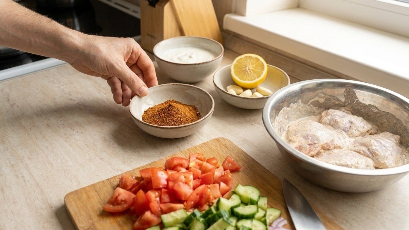 Small bowls of shawarma spices, yogurt, lemon, garlic, chicken thighs, and chopped cucumbers and tomatoes arranged on a bright kitchen counter