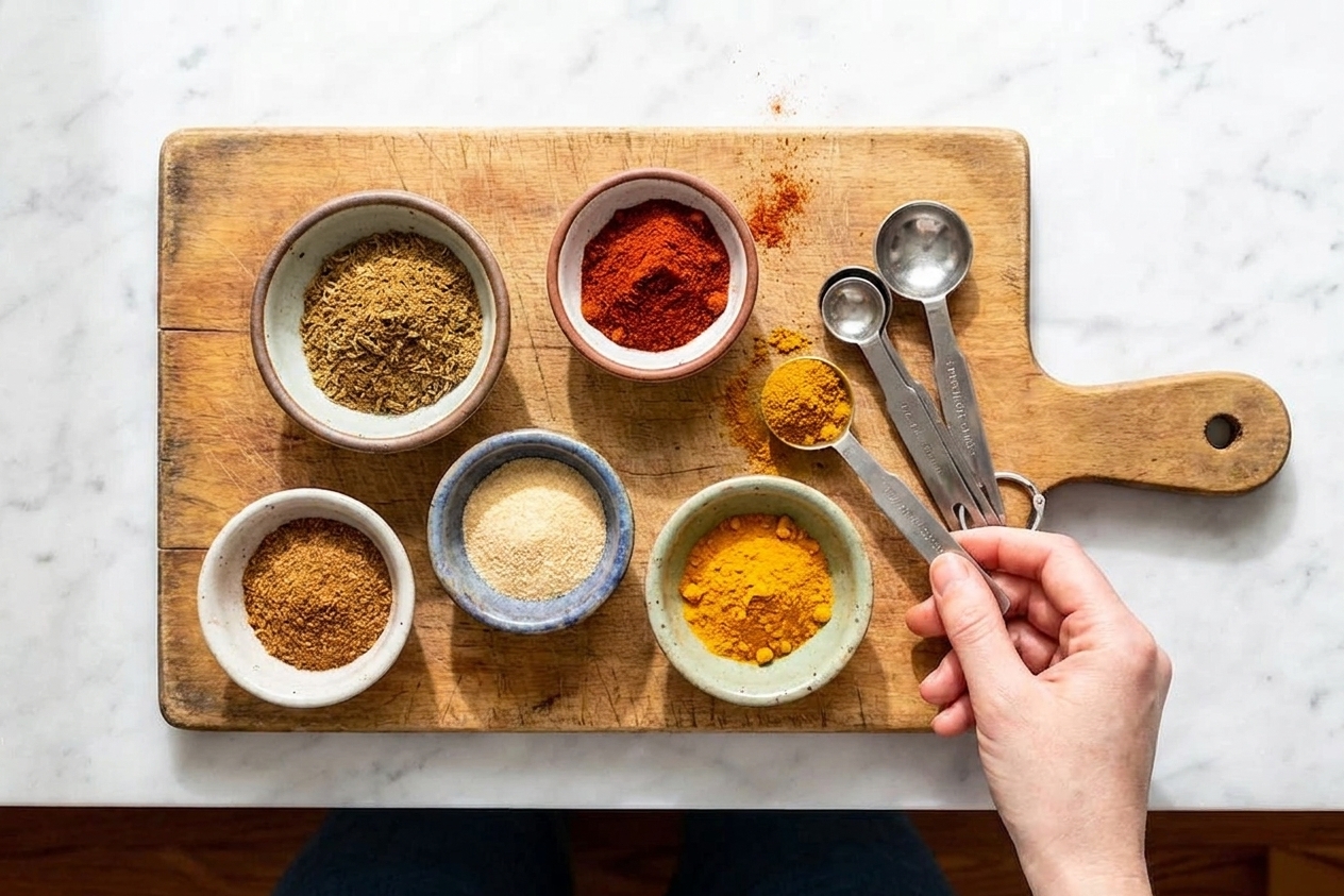 Small bowls of shawarma-style spices like cumin, paprika, garlic powder, and turmeric measured out on a wooden cutting board next to measuring spoons on a kitchen counter