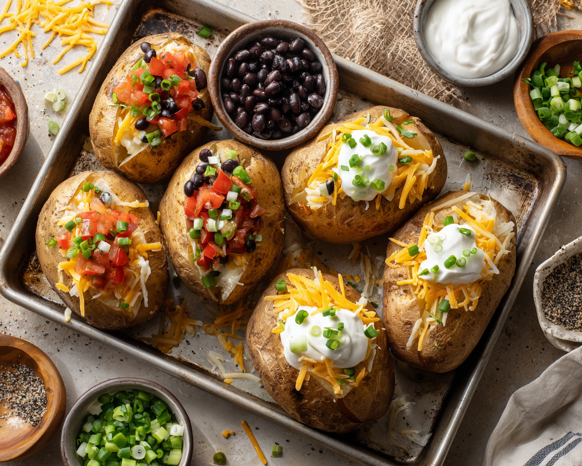 Small bowls of shredded cheddar, sour cream, chopped chives, and crumbled bacon arranged next to baked potatoes on a kitchen counter
