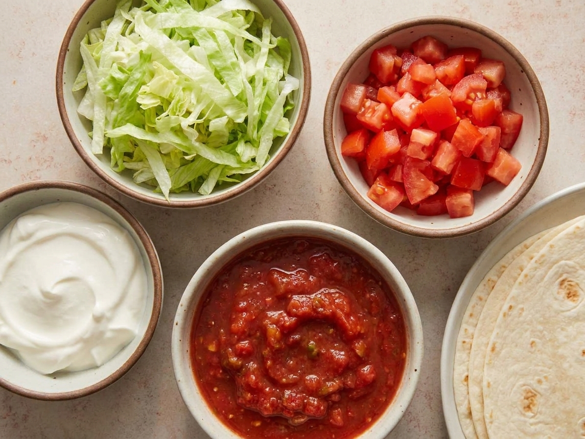 Small bowls of shredded lettuce and diced tomatoes set out with sour cream and salsa for Crunchwrap assembly