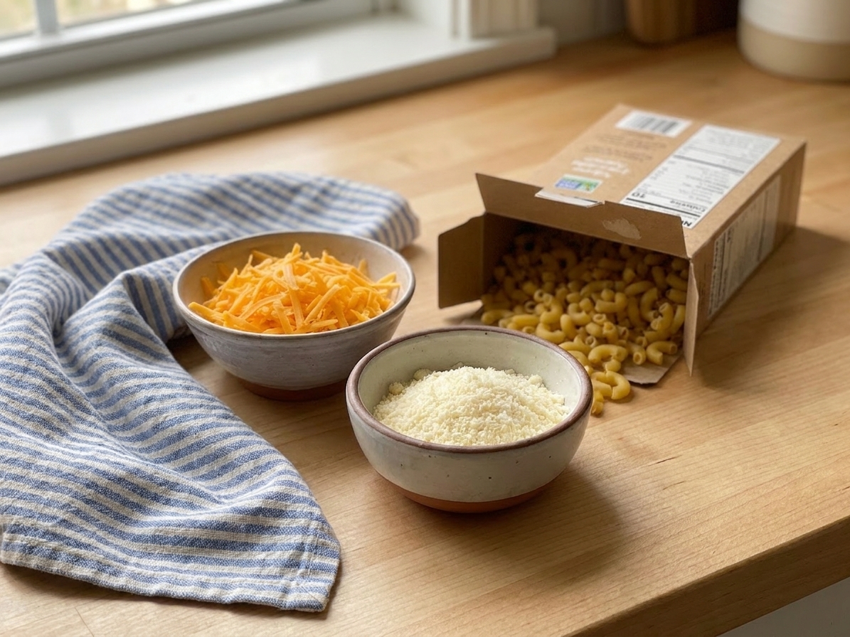 Small bowls of shredded sharp cheddar and grated Parmesan on a kitchen counter beside a box of elbow macaroni, warm natural light