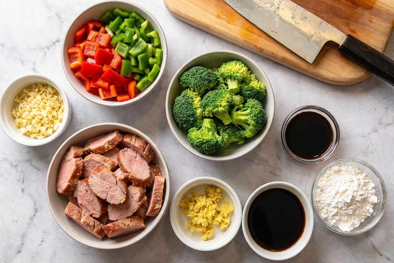 Small bowls of sliced pork, chopped bell peppers, broccoli florets, minced garlic, grated ginger, soy sauce, and cornstarch arranged on a kitchen counter