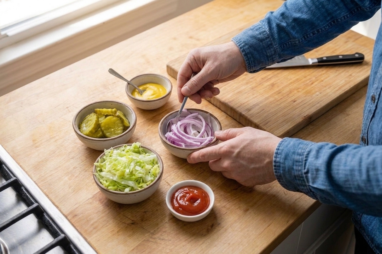 Small bowls of slider toppings like pickles, sliced onions, shredded lettuce, and sauces arranged on a kitchen counter