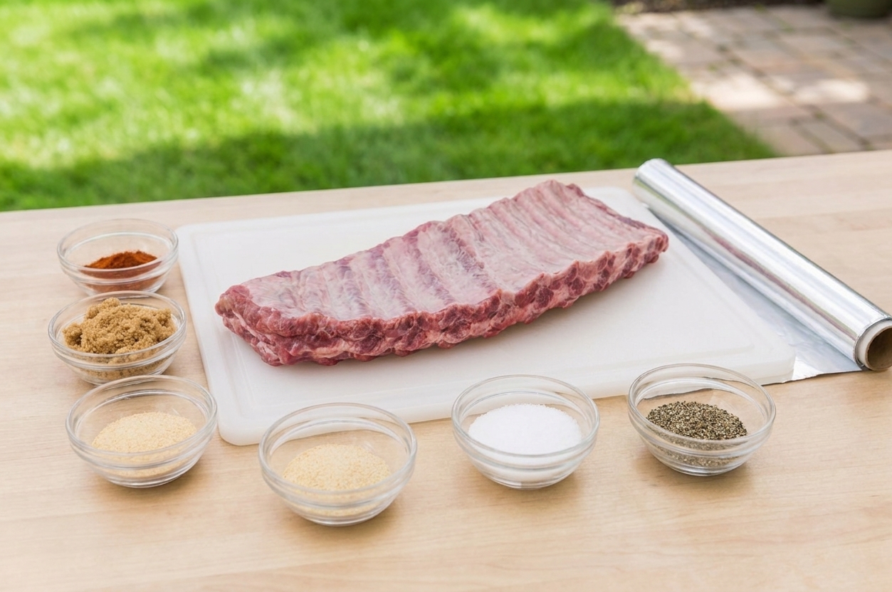 Small bowls of smoked paprika, brown sugar, garlic powder, salt, and pepper arranged with a rack of raw ribs nearby