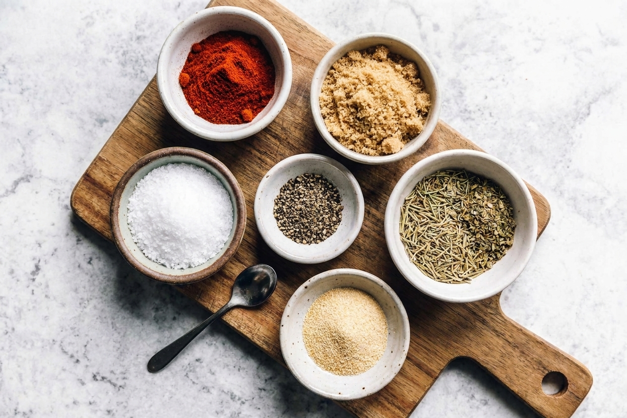 Small bowls of smoked paprika, brown sugar, kosher salt, black pepper, garlic powder, and dried herbs arranged on a cutting board on a kitchen counter