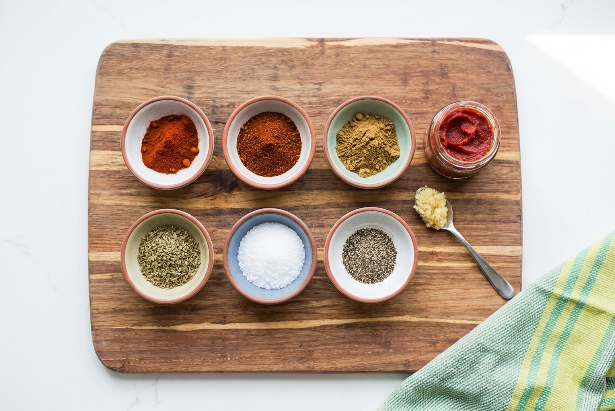 Small bowls of smoked paprika, chili powder, cumin, oregano, salt, and pepper arranged beside tomato paste and minced garlic on a kitchen counter