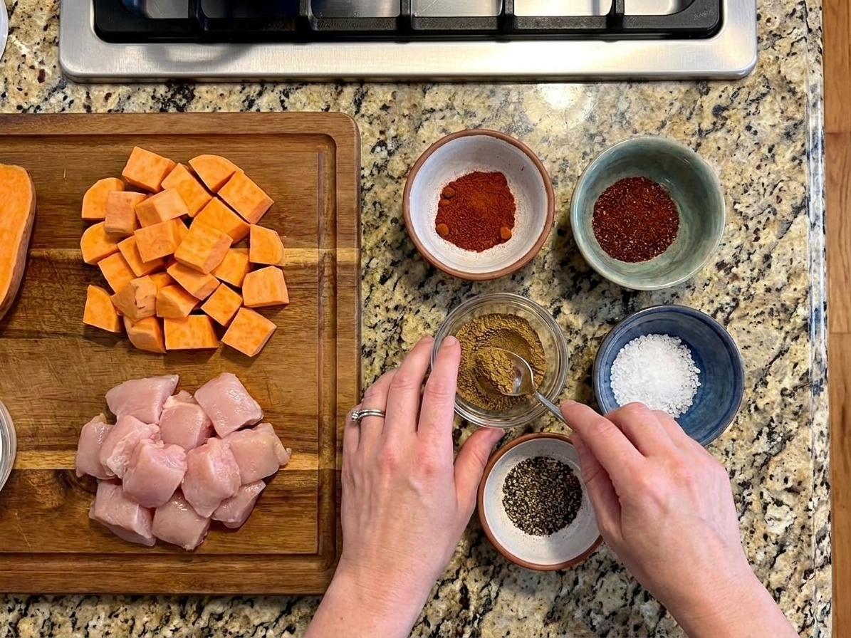 Small bowls of smoked paprika, cumin, chili powder, salt, and pepper arranged beside cubed sweet potatoes and chicken on a kitchen counter