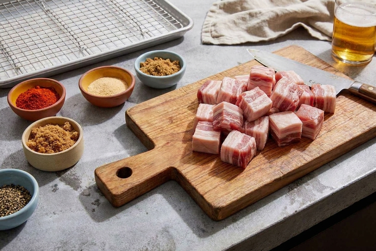 Small bowls of smoked paprika, garlic powder, brown sugar, salt, and black pepper arranged next to cubed pork belly on a kitchen counter