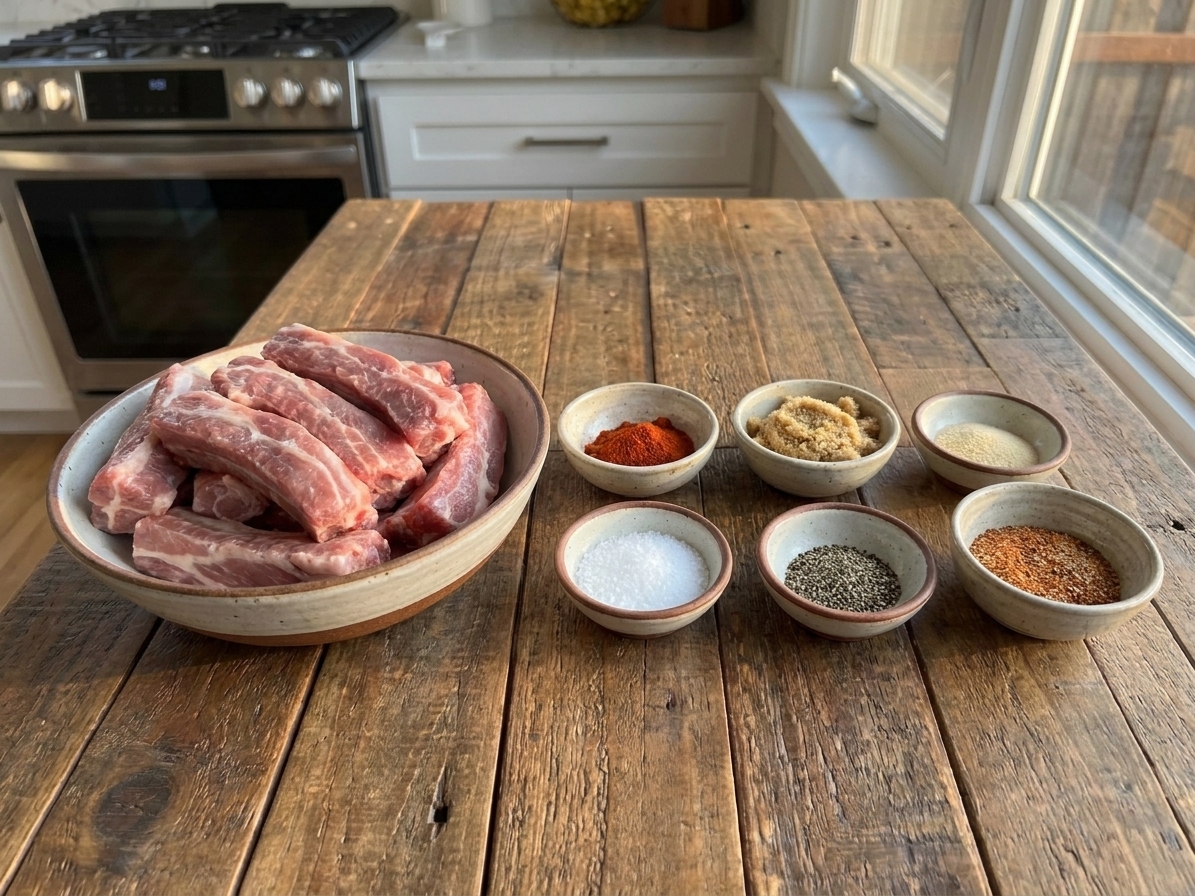 Small bowls of smoked paprika, garlic powder, brown sugar, salt, and black pepper arranged next to a bowl of raw riblets on a kitchen counter