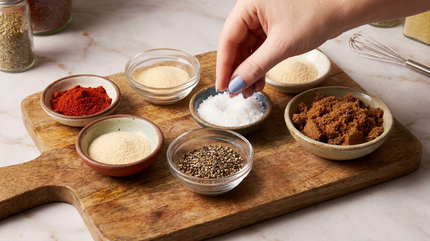 Small bowls of smoked paprika, garlic powder, onion powder, kosher salt, black pepper, and brown sugar arranged on a wooden cutting board