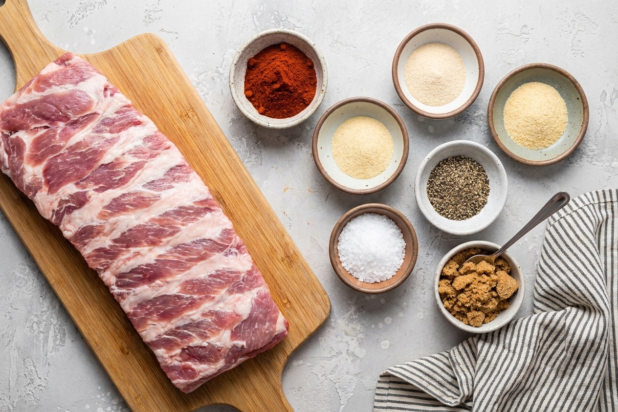 Small bowls of smoked paprika, garlic powder, onion powder, salt, pepper, and brown sugar arranged beside a rack of pork ribs on a kitchen counter
