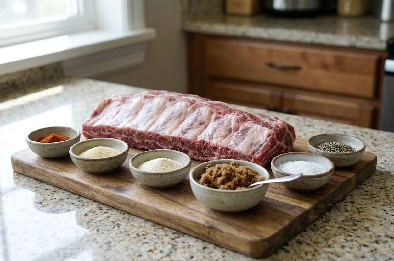 Small bowls of smoked paprika, garlic powder, onion powder, brown sugar, salt, and pepper arranged beside a rack of beef back ribs on a kitchen counter
