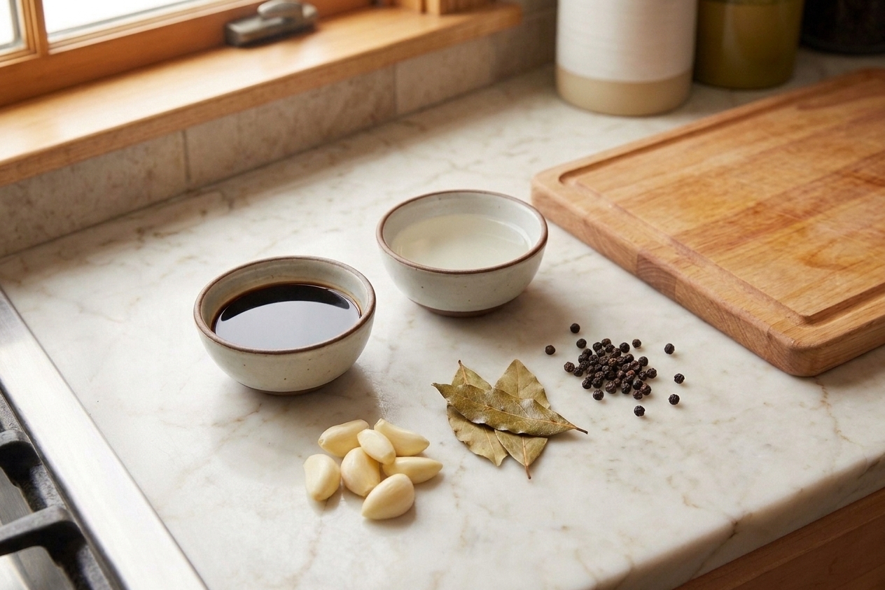 Small bowls of soy sauce and cane vinegar with peeled garlic cloves, bay leaves, and whole peppercorns arranged on a kitchen counter