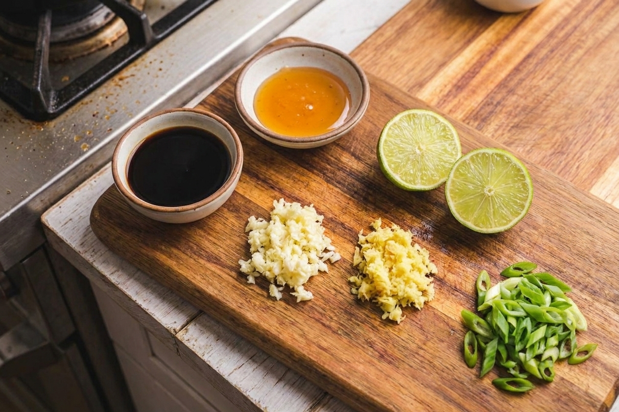 Small bowls of soy sauce and honey next to grated garlic and ginger with a halved lime on a wooden cutting board