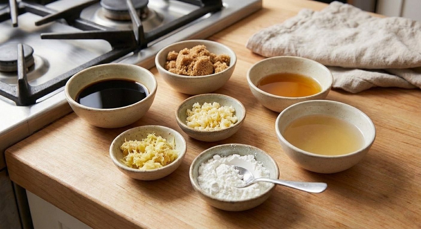 Small bowls of soy sauce, brown sugar, sesame oil, minced garlic, grated ginger, cornstarch, and broth arranged on a bright kitchen counter