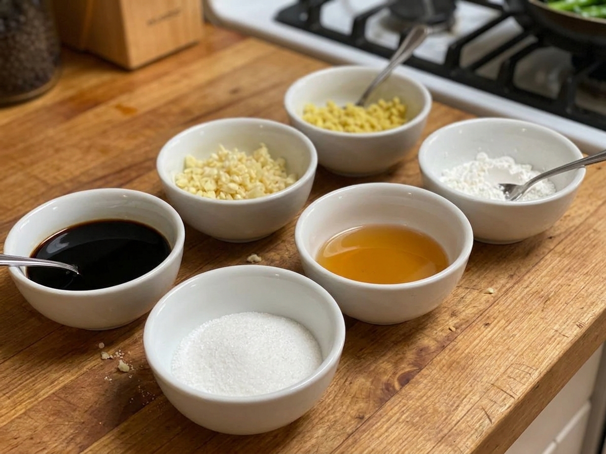 Small bowls of soy sauce, chopped garlic, chopped ginger, sesame oil, sugar, and cornstarch on a kitchen counter ready for cooking