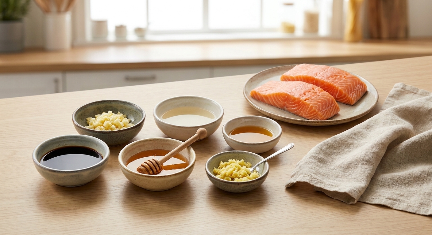 Small bowls of soy sauce, honey, grated ginger, minced garlic, rice vinegar, and sesame oil arranged on a light kitchen counter with salmon fillets nearby