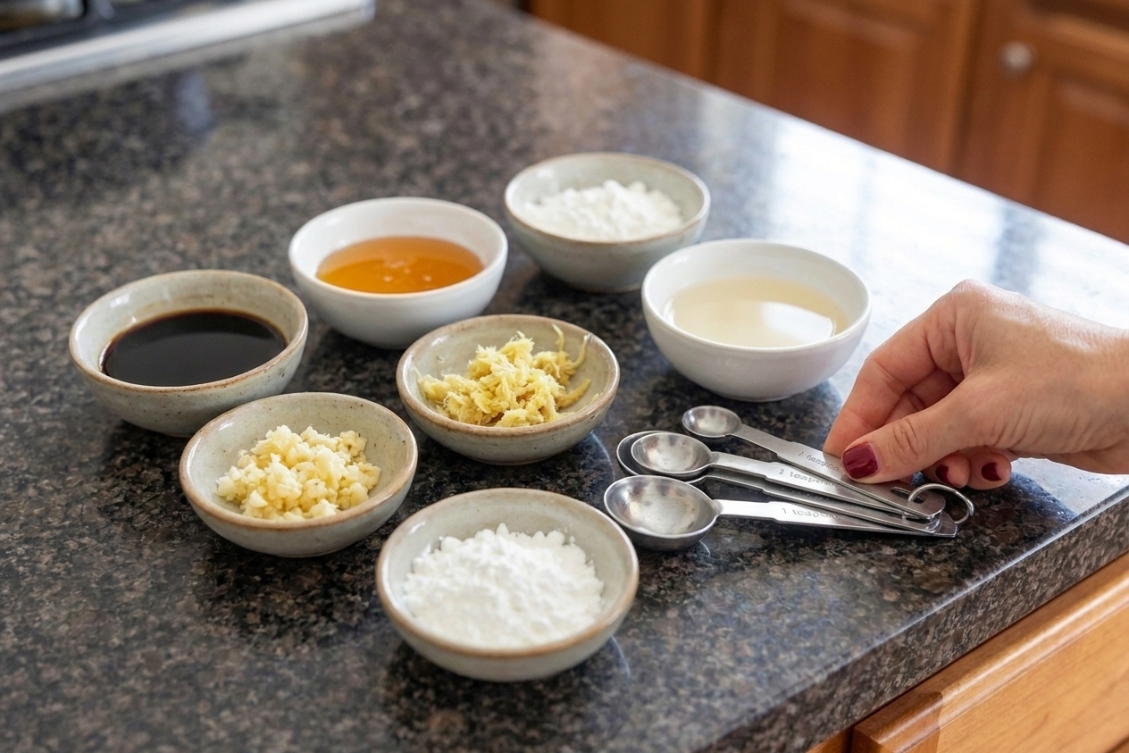 Small bowls of soy sauce, honey, minced garlic, grated ginger, rice vinegar, and cornstarch arranged on a light kitchen counter with measuring spoons