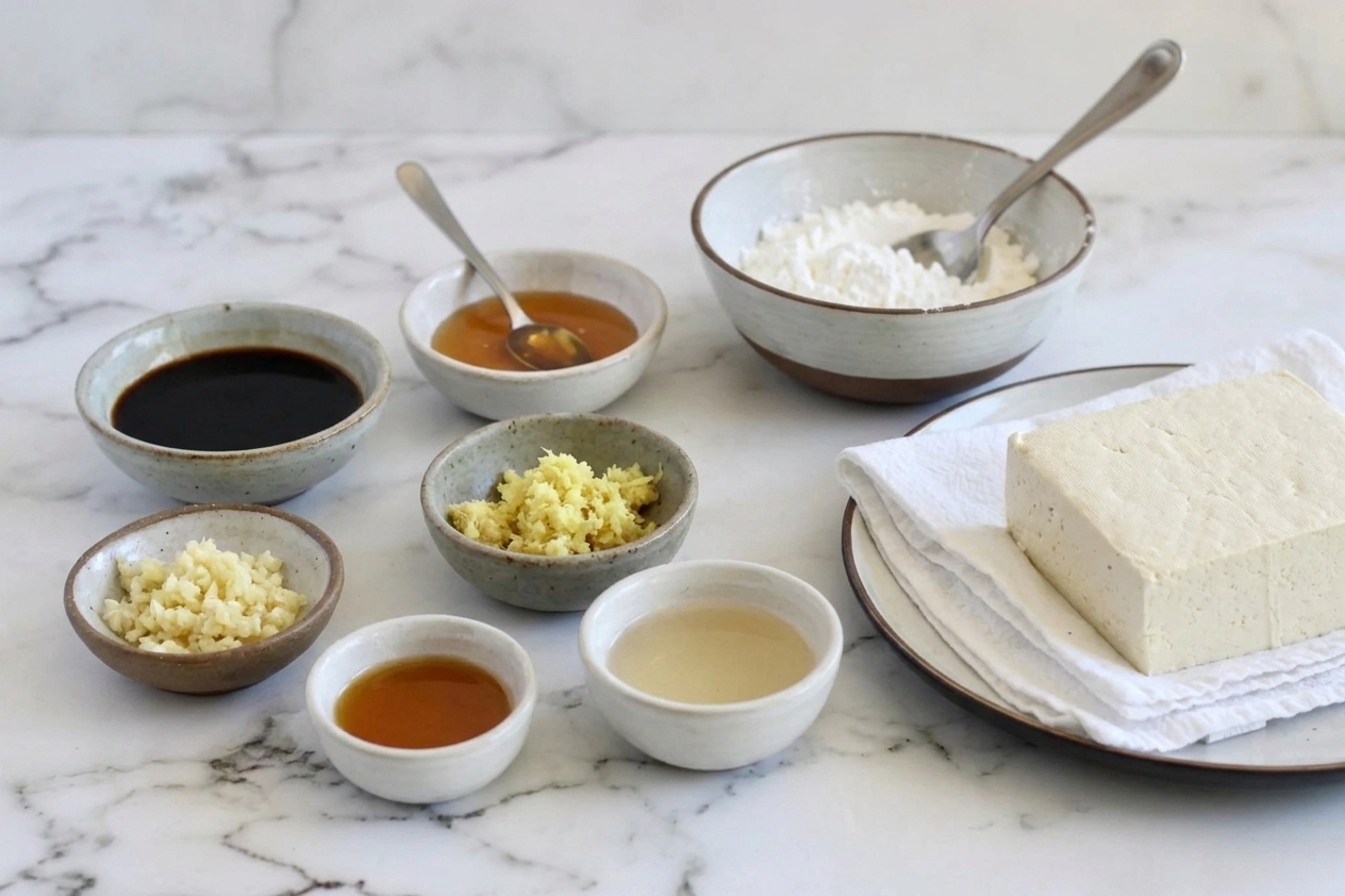Small bowls of soy sauce, honey, minced garlic, grated ginger, sesame oil, and rice vinegar arranged next to cornstarch and a block of firm tofu on a kitchen counter