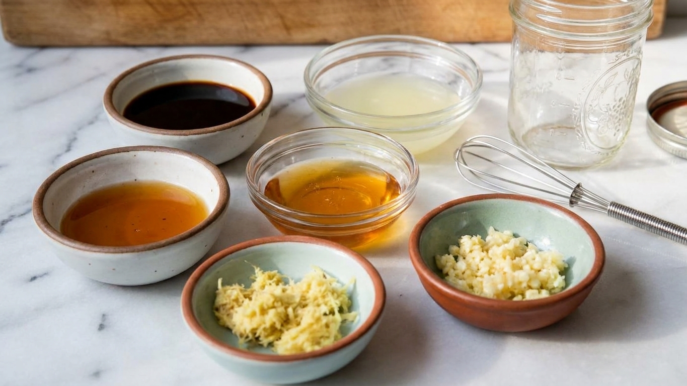 Small bowls of soy sauce, lime juice, honey, sesame oil, grated ginger, and minced garlic arranged on a bright kitchen counter, ready to be mixed into a dressing
