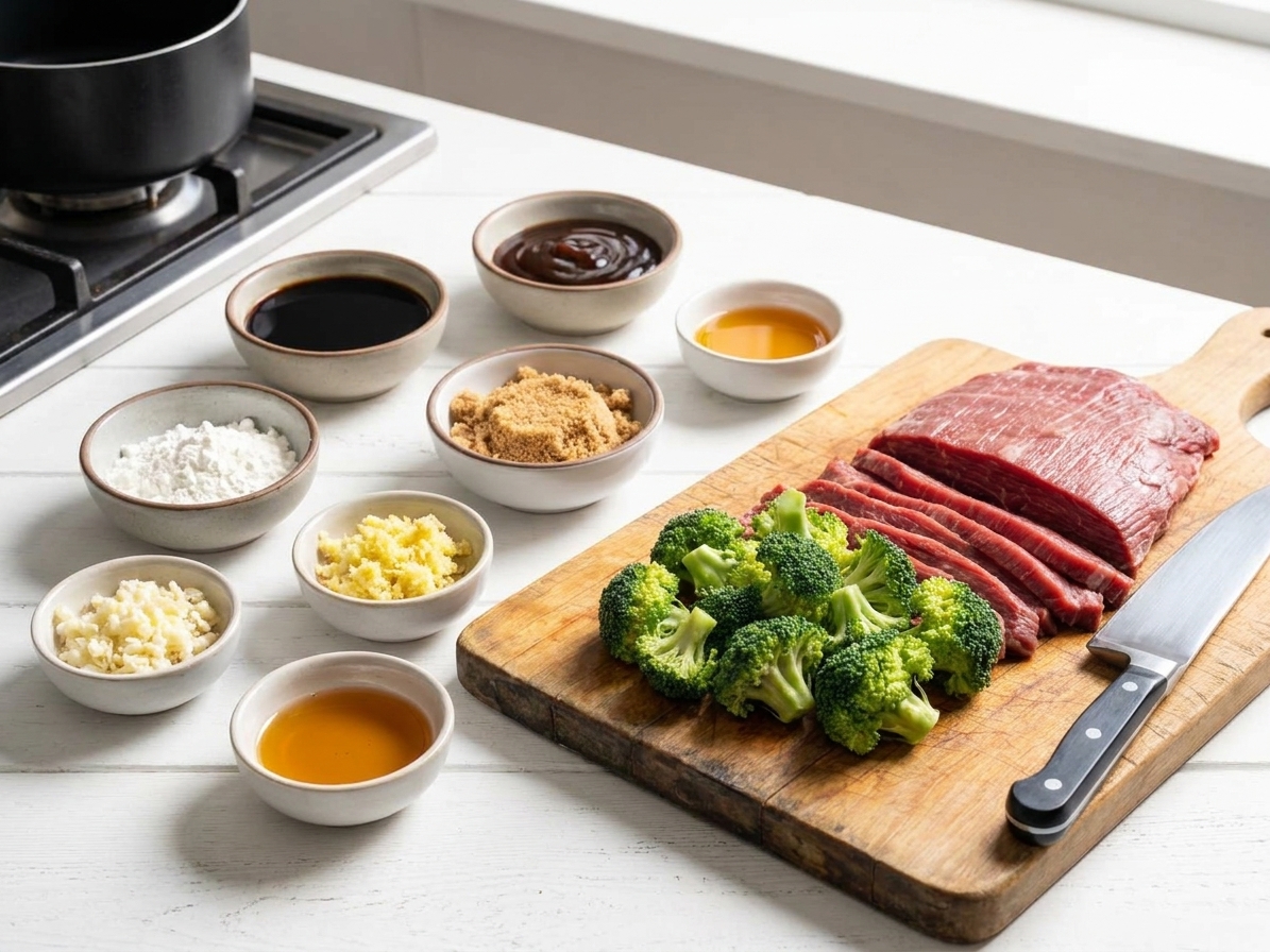Small bowls of soy sauce, oyster sauce, cornstarch, brown sugar, garlic, ginger, and sesame oil arranged on a kitchen counter next to sliced flank steak and broccoli florets