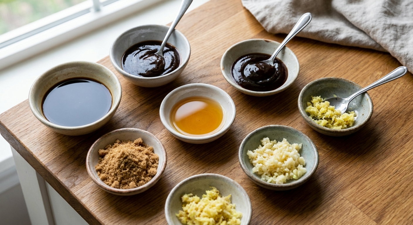 Small bowls of soy sauce, oyster sauce, sesame oil, brown sugar, minced garlic, and grated ginger arranged on a kitchen counter